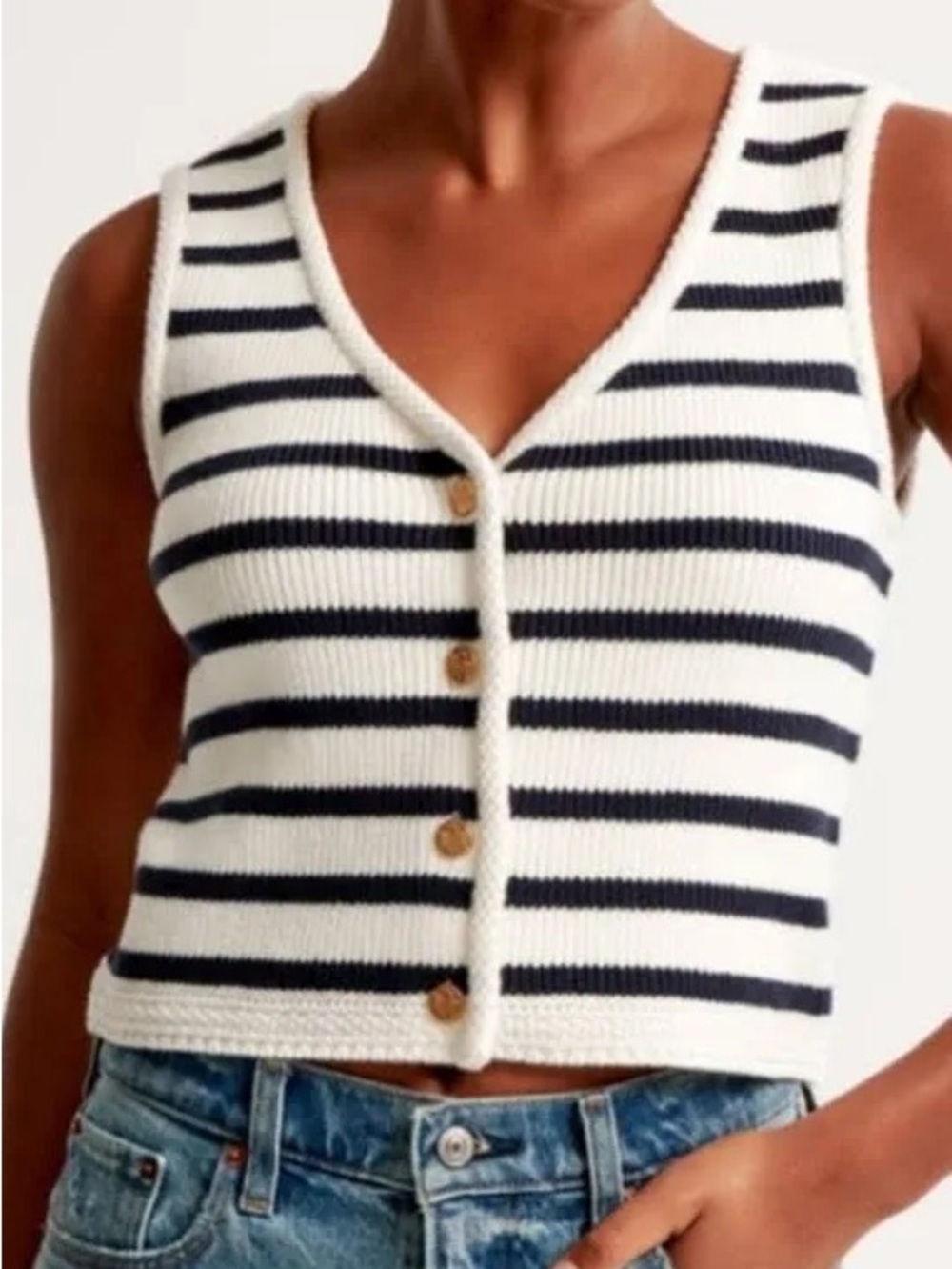 Abercrombie & Fitch Cream and Navy Striped Knit Button Tank